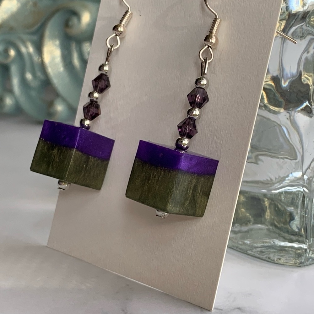 Shimmery purple and army green cube drop earrings